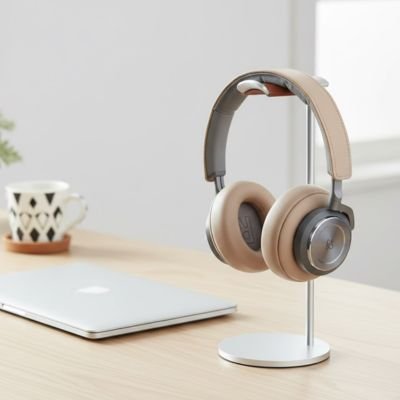 Support casque élégant en métal argenté avec base ronde, tenant un casque audio beige et gris sur un bureau clair.