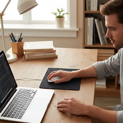 Tapis de souris relief hexagonal noir ergonomique sur bureau en bois clair, main utilisant une souris. Clic ton jeu.