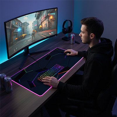 Tapis de souris gamer XXL noir avec bordure LED rose, grande surface sur bureau bois, clavier mécanique et main posée dessus.