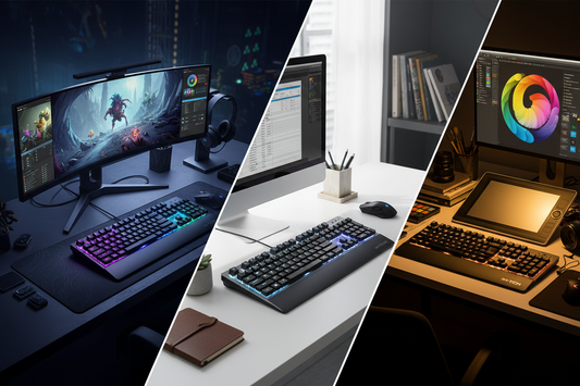 Trois setups de bureau avec claviers : gaming RGB, bureau minimaliste et station de travail lumineuse