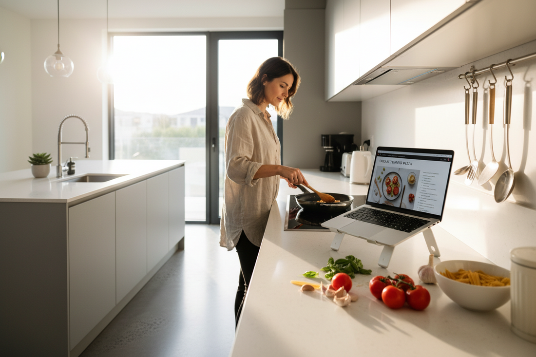 Personne faisans de la cuisine avec son ordinateur pour l'aider avec sa recette.  Clic ton jeu.