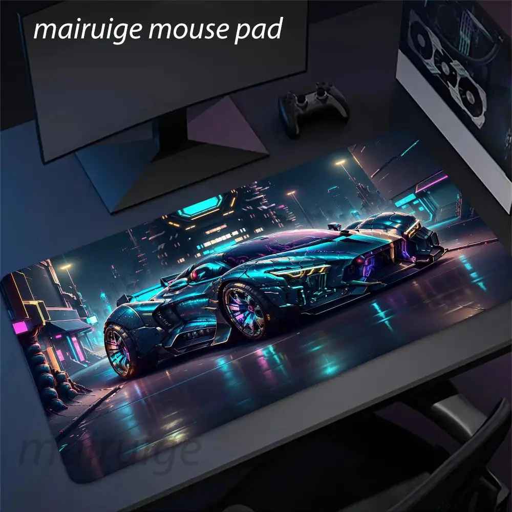 Sous-main de bureau noir avec illustration futuriste de voiture sportive lumineuse aux détails bleus et violets.  Clic ton jeu.