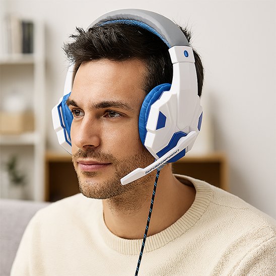 Casque audio filaire blanc et bleu avec micro intégré porté par un homme au pull beige, design moderne et coussinets.