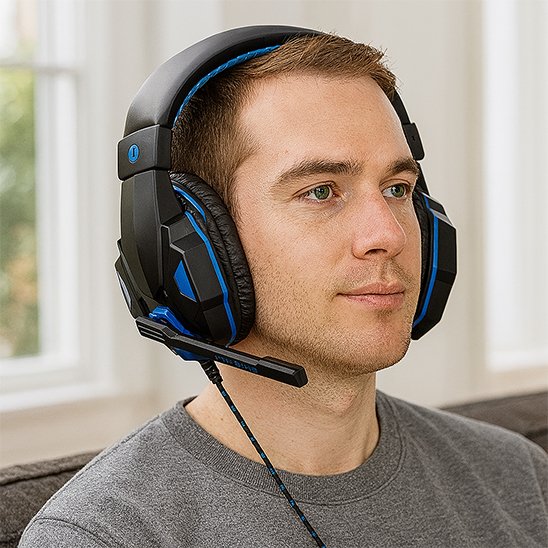 Casque audio filaire noir et bleu avec micro intégré, porté sur un homme, design angulaire moderne.