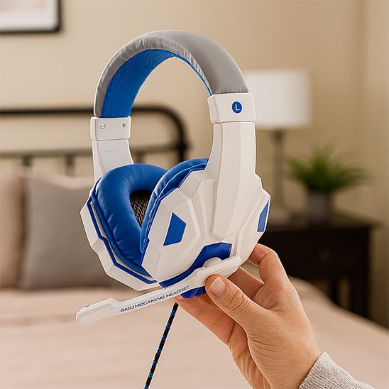 Casque audio filaire blanc et bleu avec micro ajustable, oreillettes rembourrées et arceau souple bleu intérieur.