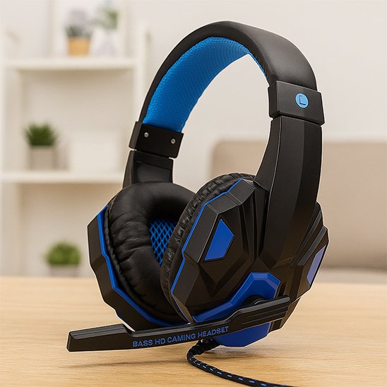 Casque audio filaire noir avec accents bleus, large arceau rembourré et micro intégré sur bureau en bois clair.