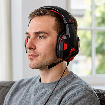 Casque audio filaire noir avec accents rouge, arceau rembourré, micro intégré, porté par un homme.