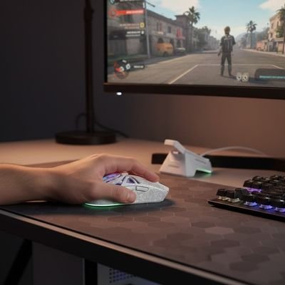 Souris Bluetooth ergonomique blanche avec éclairage LED vert, main posée dessus, bureau sombre avec tapis et clavier.  Clic ton jeu.