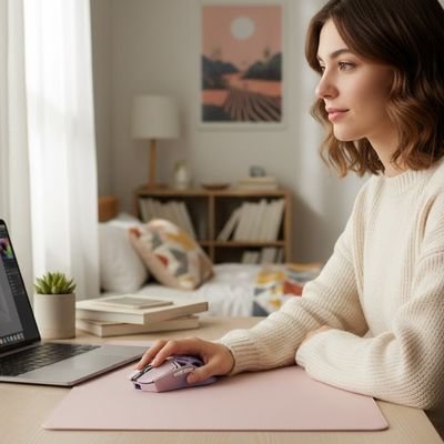 Souris Bluetooth ergonomique mauve tenue par une femme posée sur un tapis de souris rose clair devant un ordinateur portable.  Clic ton jeu.