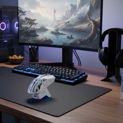 Souris Bluetooth blanche sur son socle au design ergonomique avec éclairage RGB, posée sur tapis noir devant clavier mécanique.  Clic ton jeu.