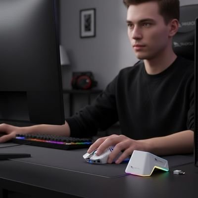 Souris Bluetooth ergonomique blanche avec éclairage RGB sur un bureau noir, utilisée par un homme avec un clavier à touches.  Clic ton jeu.