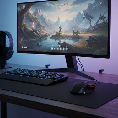 Souris gamer sans fil noire avec éclairage LED orange sur bureau noir, clavier mécanique et casque, écran affichant jeu.