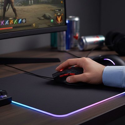 Souris gamer noire sans fil avec boutons rouges, tenue main sur tapis de souris RGB éclairé multicolore sous écran.