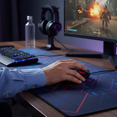 Main sur souris gamer noire sans fil avec éclairage rouge sur grand tapis de souris noir avec motifs rouges, clavier.