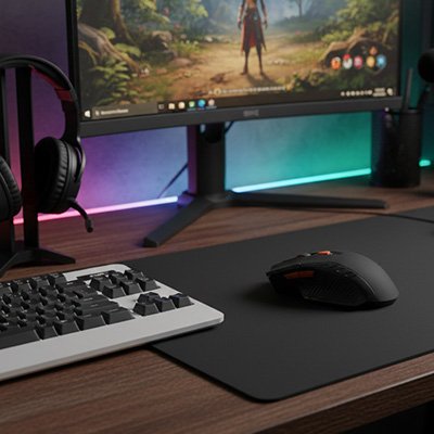 Souris gamer sans fil noire avec éclairage LED orange sur grand tapis de souris noir, bureau en bois avec clavier mécanique.