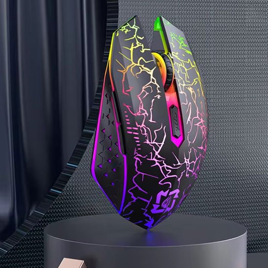 Souris sans fil noire avec motifs fissurés lumineux multicolores et molette éclairée, design ergonomique et moderne.