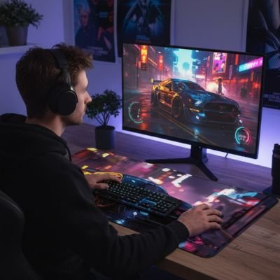 Sous-main bureau grand format à motif coloré, clavier mécanique noir éclairé, grand écran incurvé affichant jeu de voiture.  Clic ton jeu.