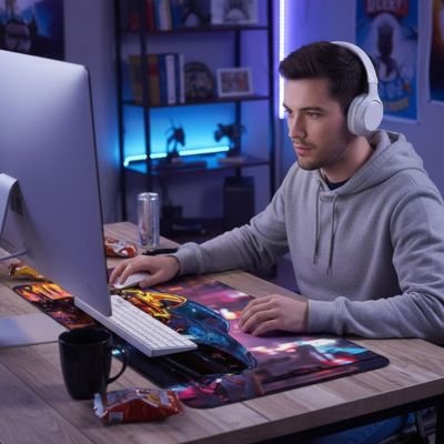 Tapis de souris grand format multicolore avec design sportif, sous-main bureau, clavier blanc, homme en sweat gris et casque.  Clic ton jeu.