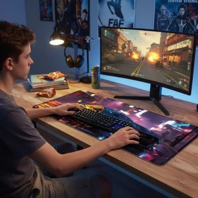 Sous-main de bureau grand format à motif sportif coloré, tapis de souris couvrant clavier et souris, ambiance gaming.  Clic ton jeu.