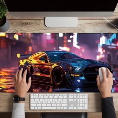 Sous-main bureau grand format avec photo de voiture de sport noire brillante en ville la nuit, mains sur souris blanche.  Clic ton jeu.