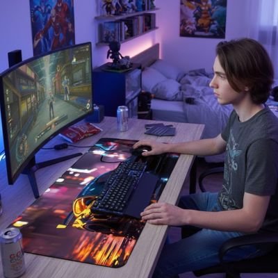 Sous-main de bureau à motifs colorés avec clavier et souris noirs, écran incurvé, ambiance gaming lumineuse en bleu.  Clic ton jeu.