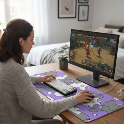 Sous-main violet avec motifs blancs ondulés couvrant un bureau en bois clair, clavier et souris posés dessus, écran.  Clic ton jeu.