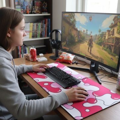 Sous-main de bureau rose avec motifs blancs arrondis, clavier noir, souris noire, usage multitâche sur bureau en bois clair.  Clic ton jeu.
