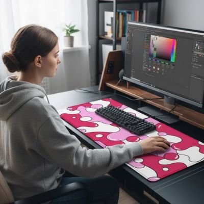 Sous-main de bureau rose à motif abstrait blanc et violet, grande surface couvrant tout le bureau sous clavier et souris.  Clic ton jeu.