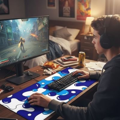 Sous-main de bureau bleu avec motifs blancs et bleus, grand format, clavier et souris posés dessus, personne jouant à un jeu d'action.  Clic ton jeu.