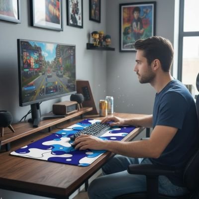 Grand sous-main de bureau bleu avec motifs abstraits blancs et bleus, couvrant une large surface sous clavier et souris.  Clic ton jeu.