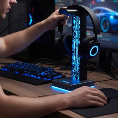 Support casque RGB en métal noir avec éclairage bleu, posé sur un bureau en bois avec un casque gaming suspendu et un.