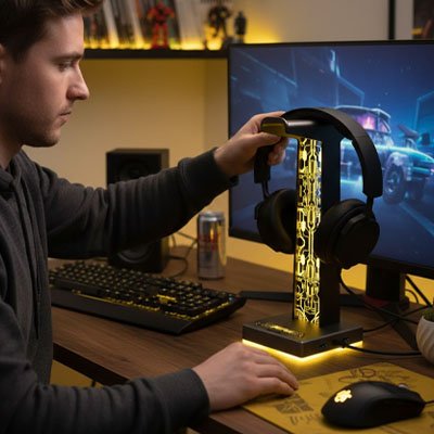 Support casque Gaming noir avec éclairage RGB doré sur bureau en bois, casque noir suspendu, clavier et écran PC en.