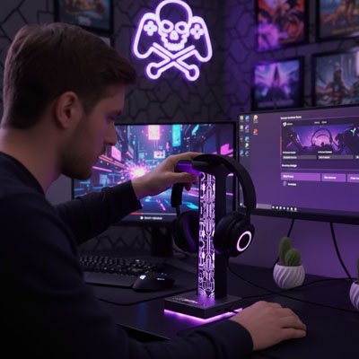 Support casque gaming noir avec éclairage RGB violet, design moderne avec motifs perforés, posé sur bureau devant écran PC.