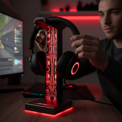 Support casque en acrylique noir avec éclairage RGB rouge, tenant un casque gaming noir avec éclairage rouge, posé sur.