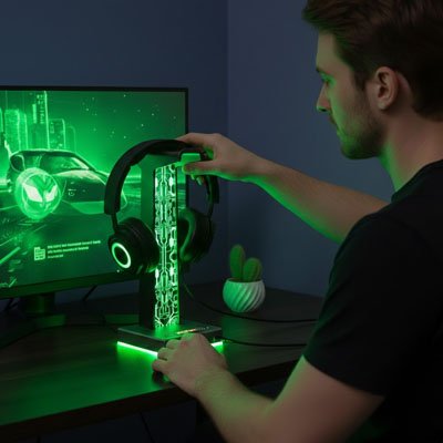 Support casque gaming transparent avec éclairage RGB vert, posée devant un écran d'ordinateur affichant un jeu vidéo.