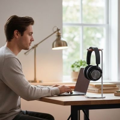 Support casque noir moderne en métal avec design minimaliste posé sur bureau en bois naturel, accueillant un casque audio.