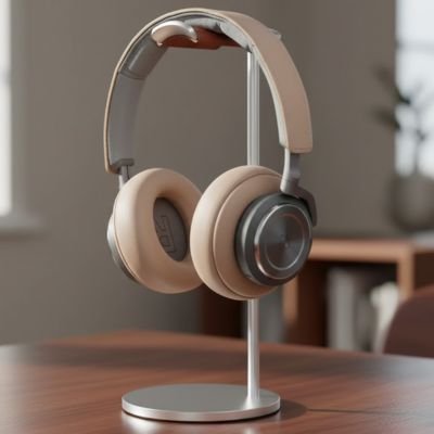 Support casque élégant en métal argenté avec base ronde et coussinets beige suspendus sur un bureau en bois.