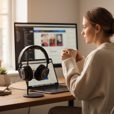 Support casque noir en métal mat, design élégant avec base ronde, posé sur bureau en bois clair devant un ordinateur.