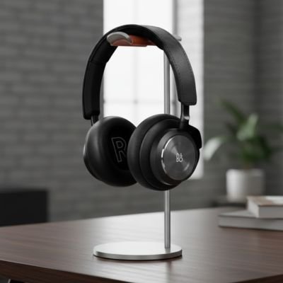 Support casque argenté en métal avec base ronde, tenant un casque audio noir sur une table en bois, arrière-plan flou.