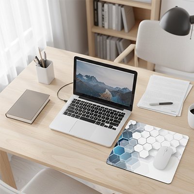 Tapis de souris hexagonal avec motifs en relief bleu et gris ergonomique sur bureau clair avec PC, livre et papier.  Clic ton jeu.
