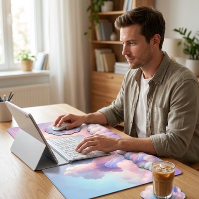 Tapis de souris ergonomique ConfortGel avec coussin en gel violet dégradé violet et rose, posé sur bureau en bois clair,.