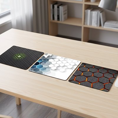Trois tapis de souris hexagonaux premium, noir avec motifs verts, bleu et blanc dégradé, anthracite avec contour orange.  Clic ton jeu.