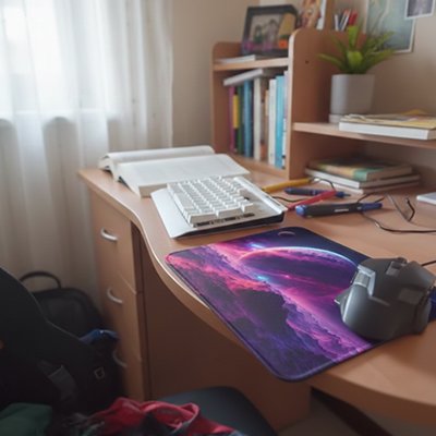 Tapis de souris grand modèle au design violet et rose abstrait posé sur bureau en bois clair avec clavier et appareil photo.  Clic ton jeu.