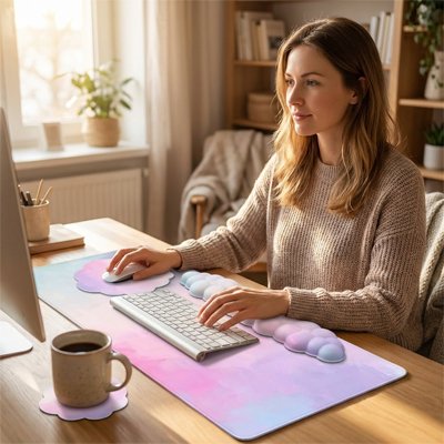 Tapis de souris pastel rose et bleu avec repose-poignets en gel nuage, femme utilisant souris assortie, bureau clair et.