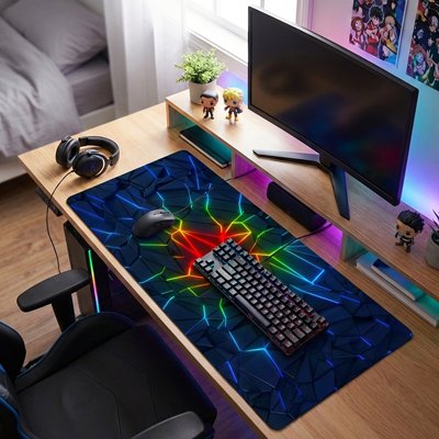 Sous-main bureau noir avec motifs lumineux néon bleus et rouges, clavier et souris noirs dessus, ambiance gamer moderne.