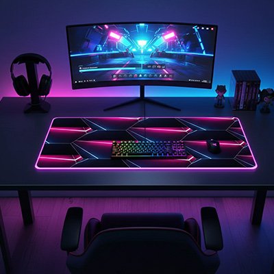 Tapis de souris gamer XXL noir avec motifs géométriques lumineux roses et violets, grand espace sous écran incurvé, clavier.