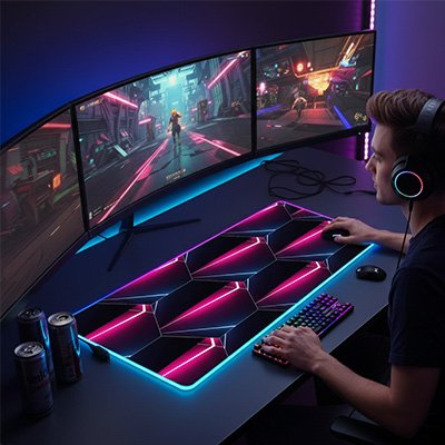 Tapis de souris gamer XXL noir avec motifs géométriques LED roses et bleu néon, surface lisse et antidérapante, utilisé sous .