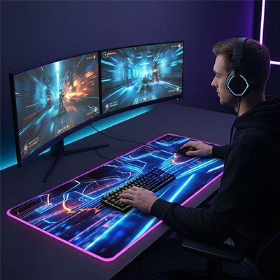 Tapis de souris gamer XXL avec éclairage LED rose entourant un design futuriste bleu et violet, utilisé avec clavier et.