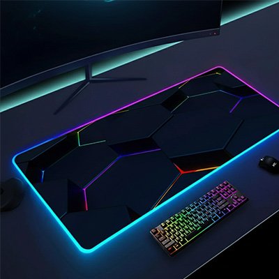 Tapis de souris gamer XXL noir à motifs géométriques avec éclairage LED multicolore sur les bords, posé sous un clavier.