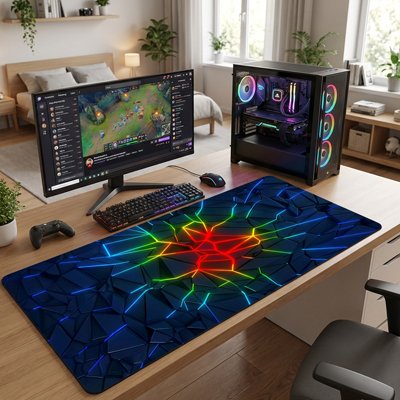 Sous-main de bureau bleu nuit avec motifs géométriques et éclats lumineux multicolores au centre, posé sur un bureau en bois .